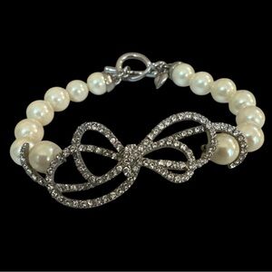 Carolee Signed Vintage Faux Pearl Pave Rhinestone Silver Tone Bracelet